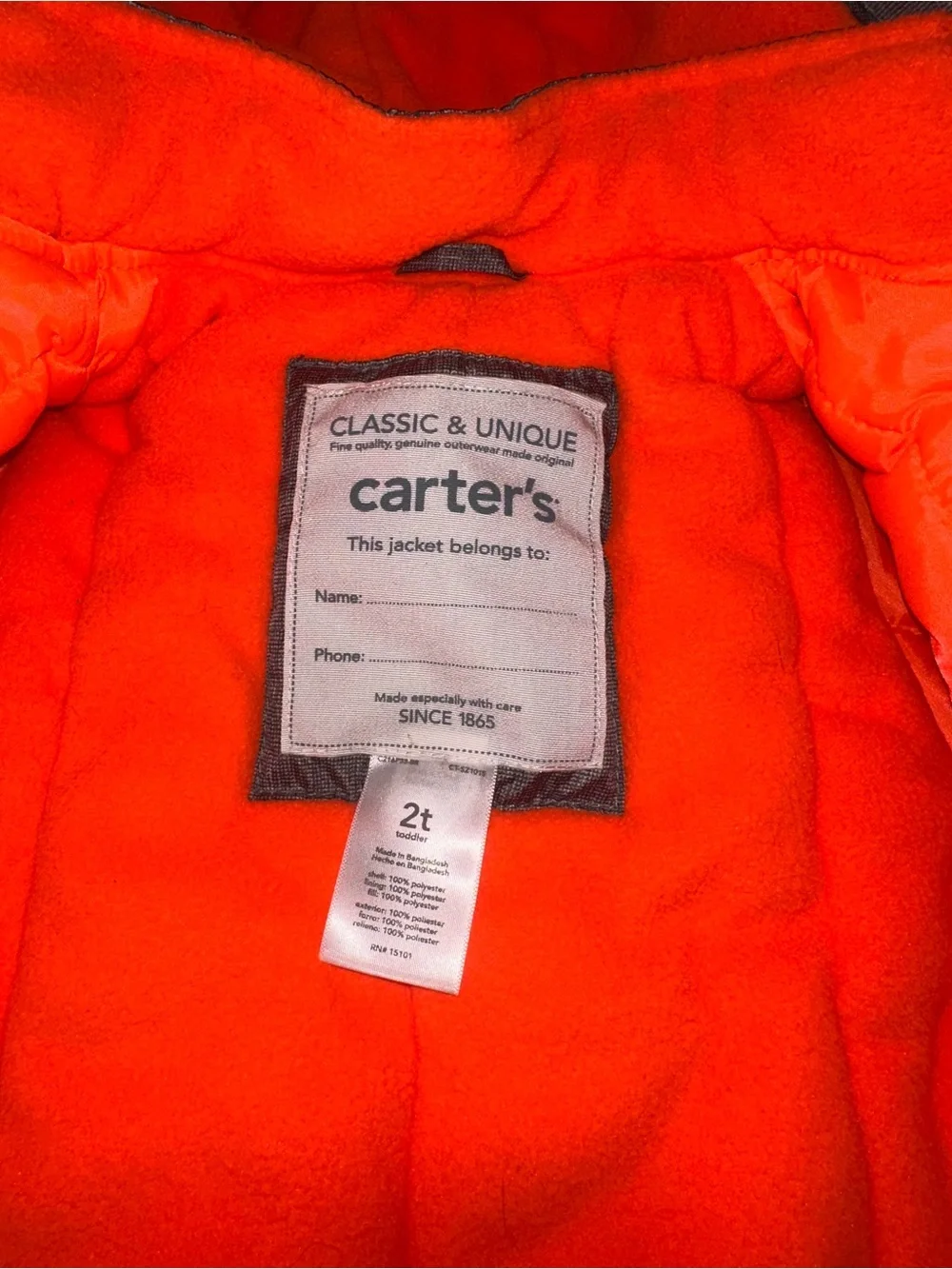 Carter's Charcoal Puffer Jacket with Orange Hood Lining